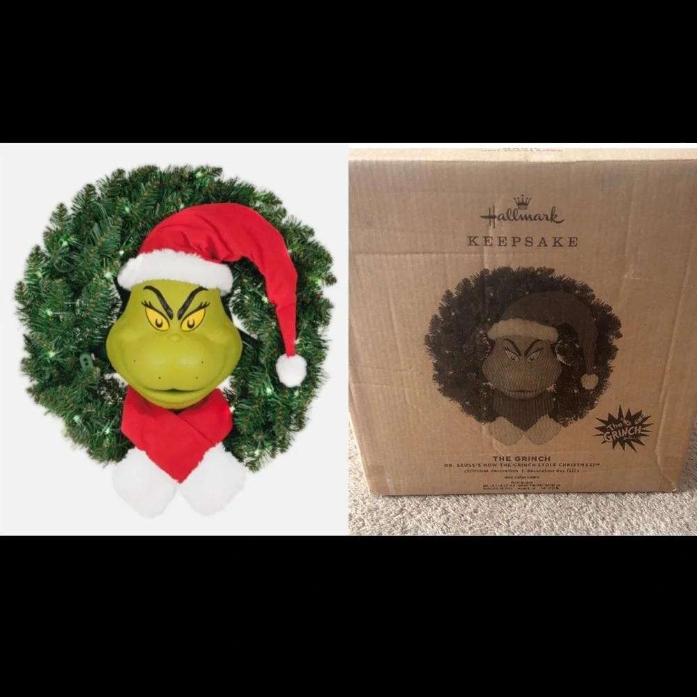 Hallmark Grinch Wreath with Red Santa Hat